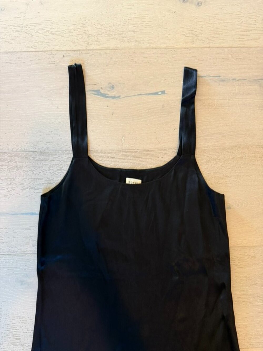 DONNI. Satin Square-Neck Cami | Thick Straps | Black | Size L | Like New